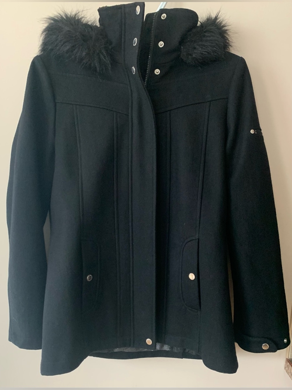 London Fog Women's Black Hooded Wool/Polyester Blend Coat with Faux Fur Trim